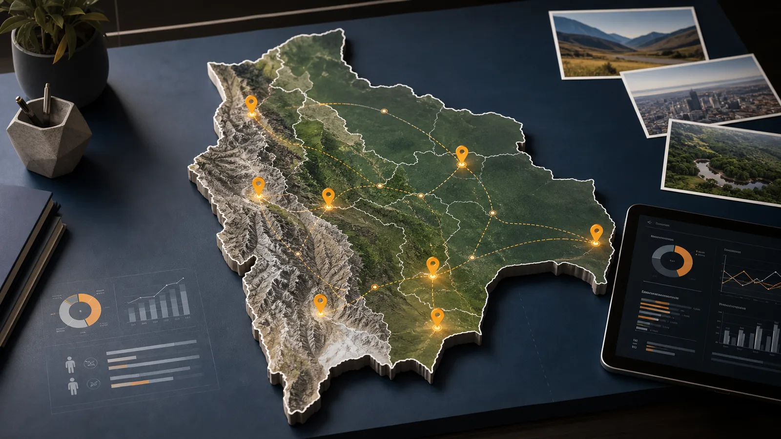 Mapa moderno de Bolivia con inteligencia territorial y rutas de investigacion de mercado
