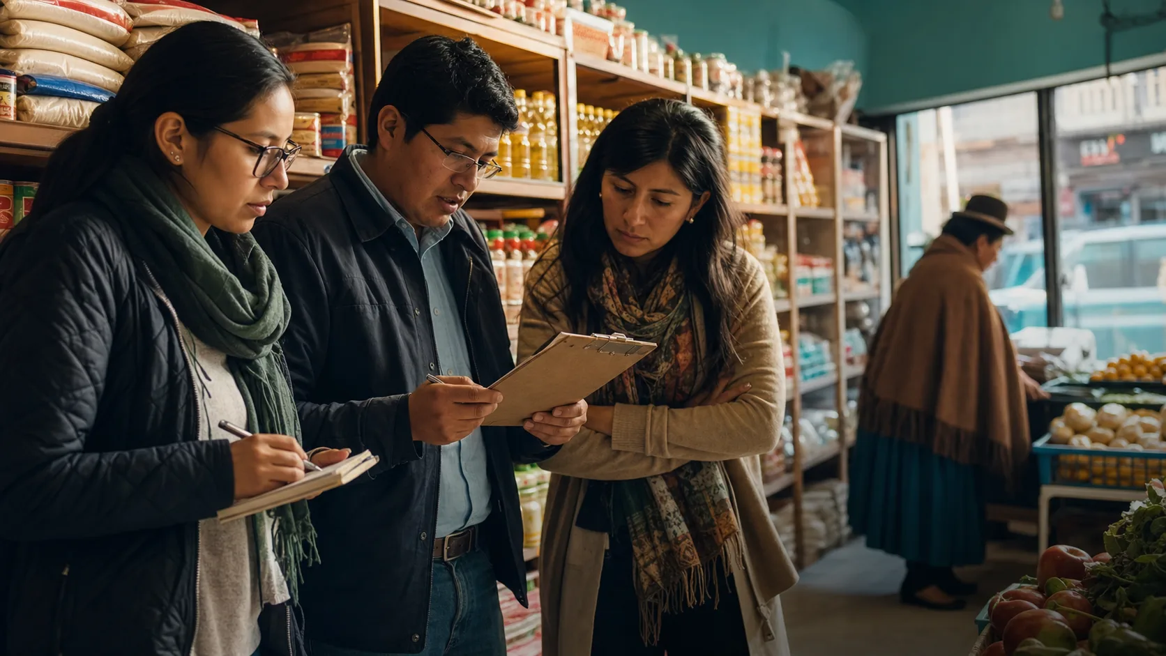 Equipo de investigación de mercados analizando el recorrido de compra en una tienda boliviana