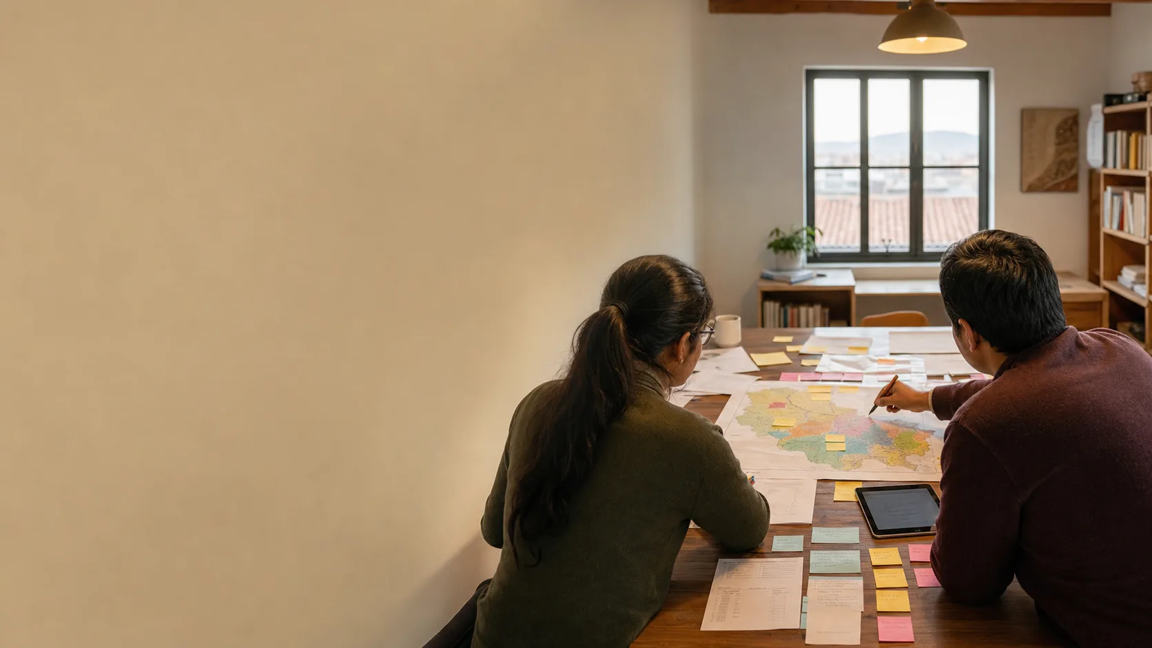 Equipo de investigación diseñando una metodología a medida sobre un mapa de Bolivia