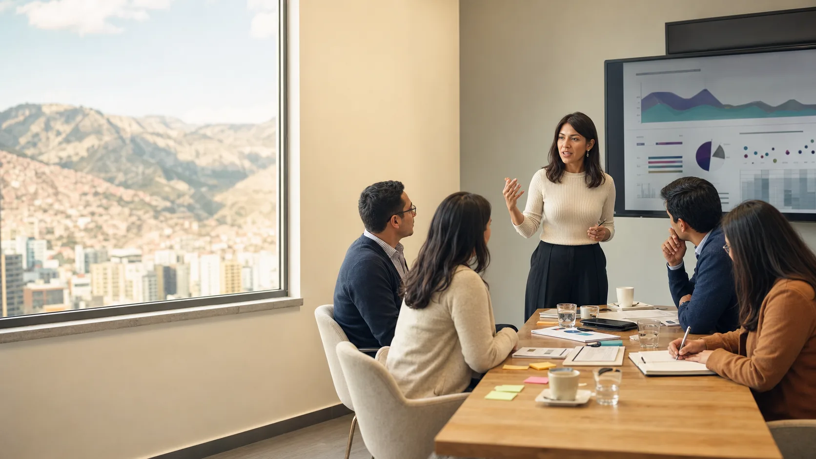 Equipo directivo y consultora tomando decisiones durante una sesión estratégica