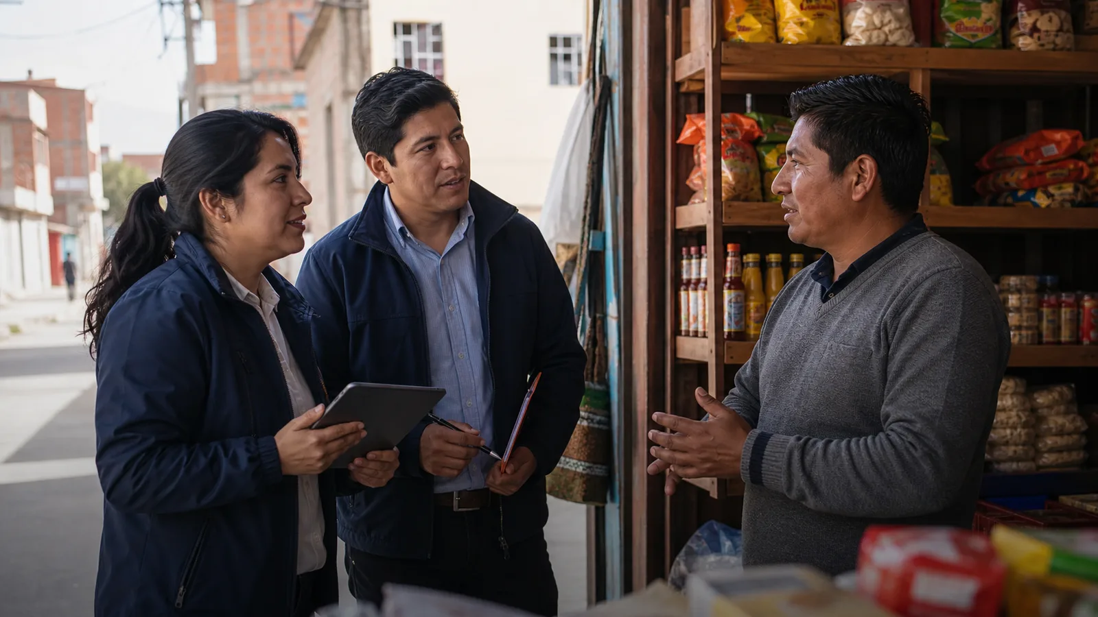Equipo de investigacion Mindtec conversando con propietario de tienda de barrio