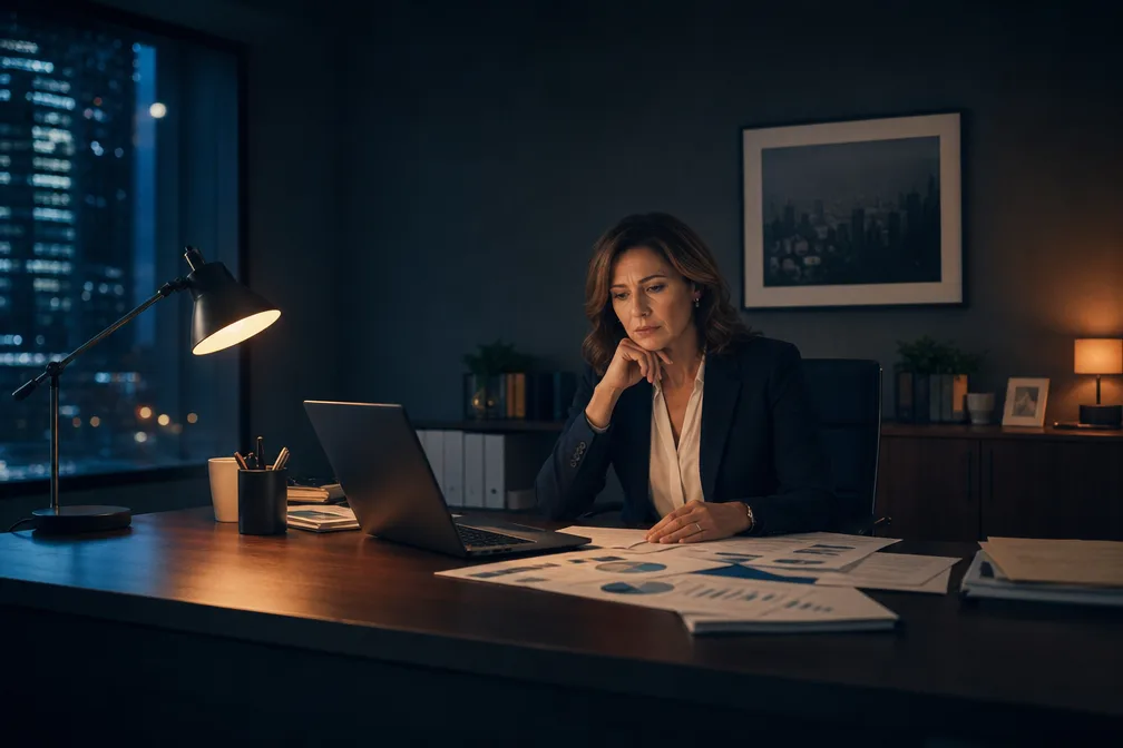 Directora comercial revisando reportes en su oficina de noche
