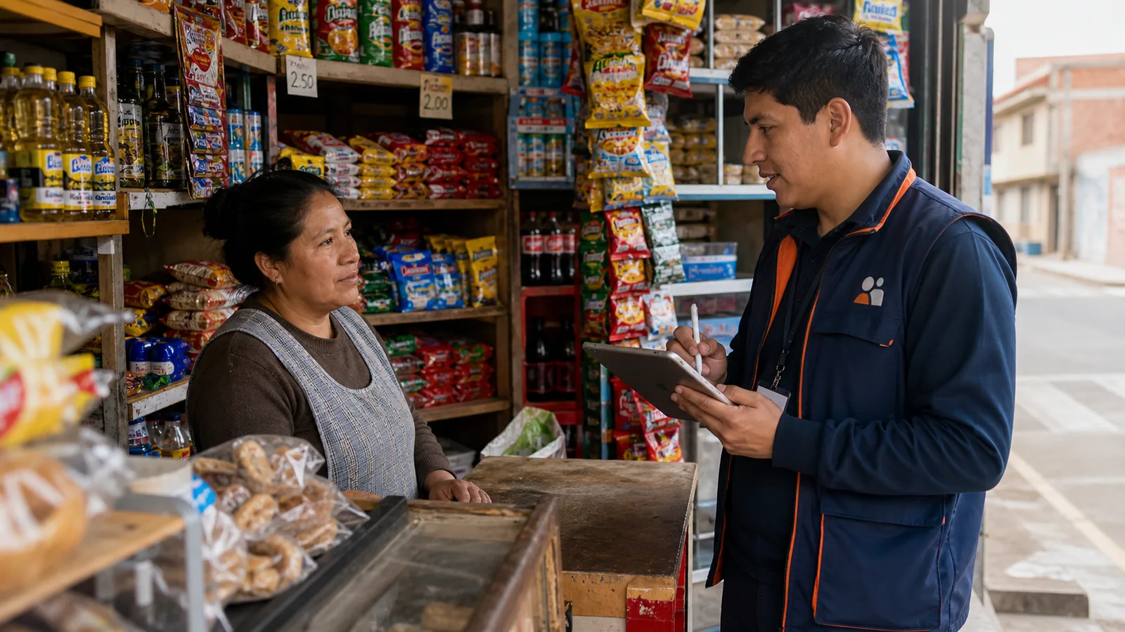 Encuestador de campo Mindtec auditando una tienda de barrio en Bolivia