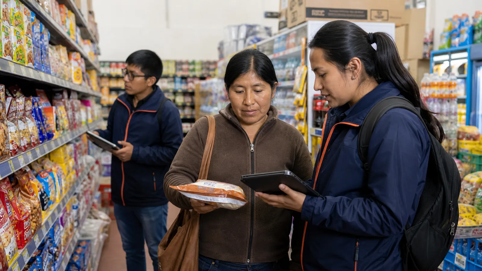 Encuestadora realizando estudio shopper en anaquel de supermercado