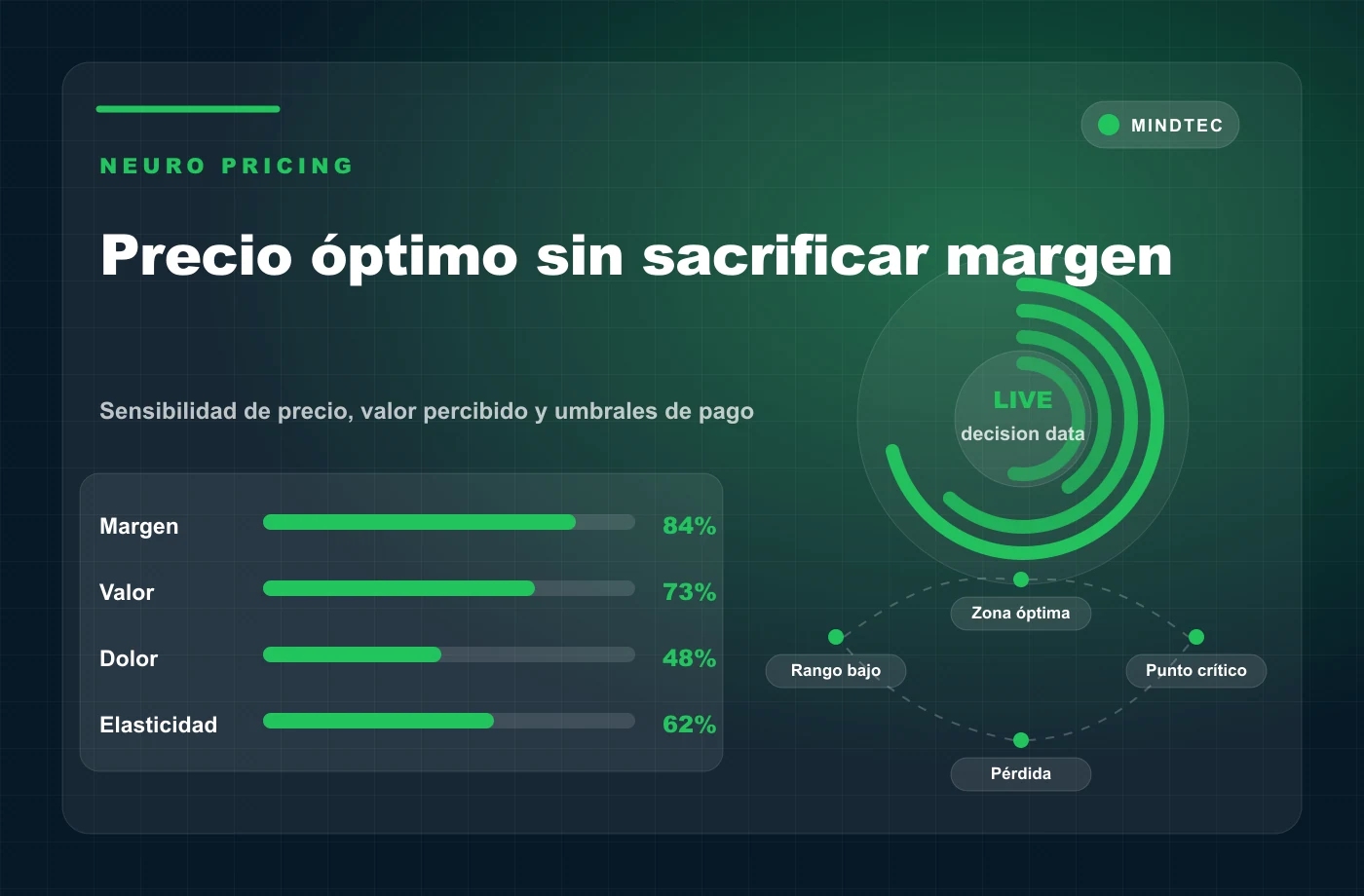 Infografia de neuro pricing con margen valor dolor de pago y elasticidad